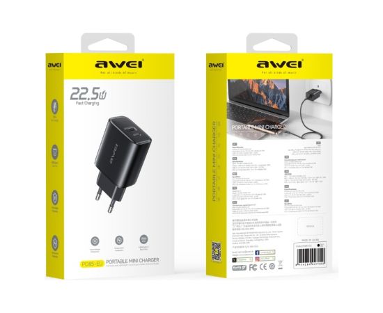 Charger Awei PD85-EU 22.5W USB-A/USB-C black Telefonu lādētāji 220v