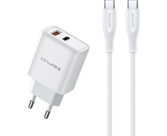 Charger Awei PD81C-EU 22.5W USB-A/USB-C + USB-C to USB-C cable 1.0m white Telefonu lādētāji 220v