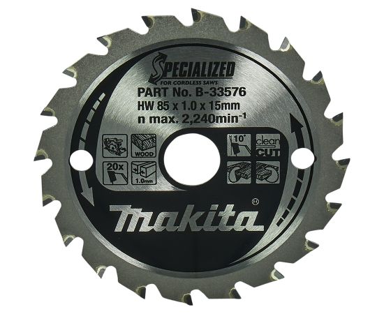 Griešanas disks kokam Makita B-33576; TCT; 85x15 mm; Z20; 10° Zāģripas