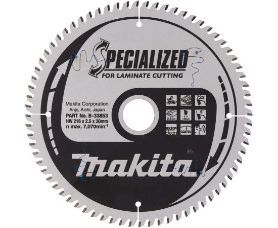 Griešanas disks kokam Makita B-33853; TCT; 216x30 mm; Z72; 5° Zāģripas