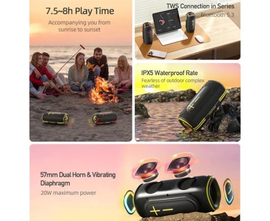 Bluetooth portable speaker Awei KA5 20W black-yellow Bezvadu skaļruņi
