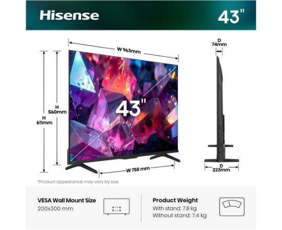 Hisense 43E7S PRO Hi-QLED TV (108 cm (43 inches), black/dark gray, UltraHD/4K, Free-Sync-Premium, 144Hz panel) Телевизоры