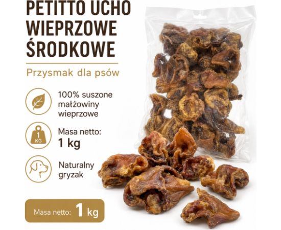 PETITTO Ucho wieprzowe środkowe przysmak dla psa 1kg Suņu barība