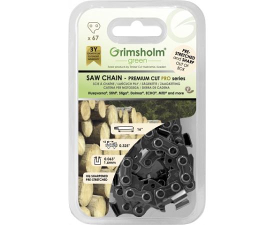 Zāģa ķēde Grimsholm Premium Cut Pro; 16''; 40 cm; .325''; 67; 1,6 mm Zāģu ķēdes un sliedes
