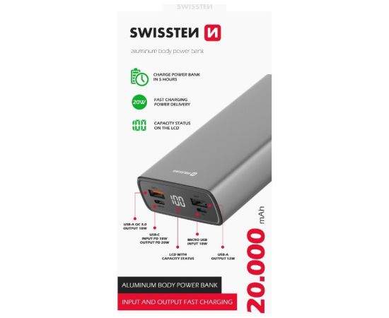 Swissten Aluminium Power Banka Ārējās Uzlādes Baterija 2xUSB / USB-C / Micro USB / 20W / 20000 mAh Power Banks