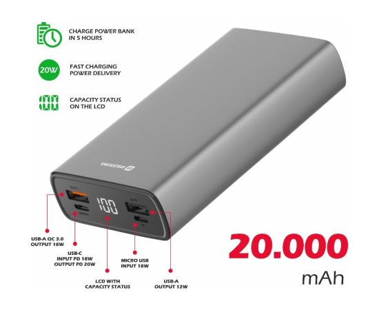 Swissten Aluminium Power Banka Ārējās Uzlādes Baterija 2xUSB / USB-C / Micro USB / 20W / 20000 mAh Power Banks