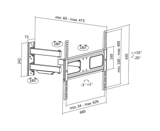 Logilink BP0019 TV Sienas stiprinājums , 37"-70", tilt +10°-20°,swievel +-90°, 473mm