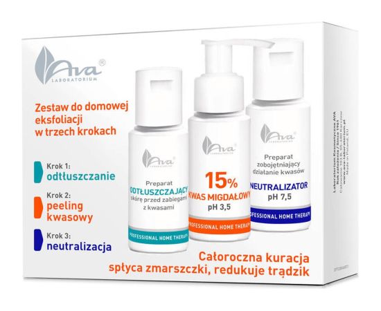 Ava Ava Laboratorium PHT Zestaw do domowej eksfoliacji Preparat odtłuszczający, 50ml + Kwas migdałowy 15%, 50ml + Neutralizator Smaržas - NESAKĀRTOTS