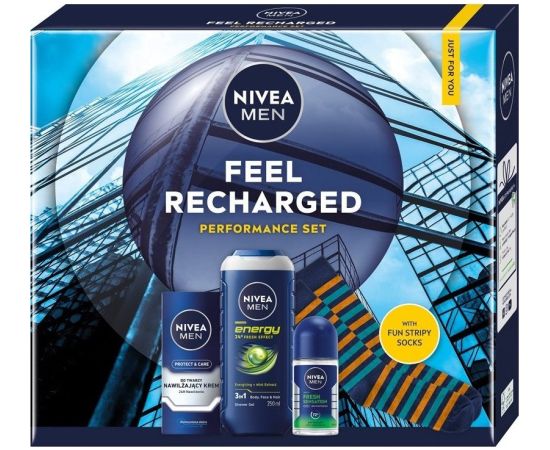 Nivea Men Feel Recharged zestaw nawilżający krem do twarzy 75ml + żel pod prysznic 3w1 250ml + antyperspirant roll-on 50ml Smaržas - NESAKĀRTOTS