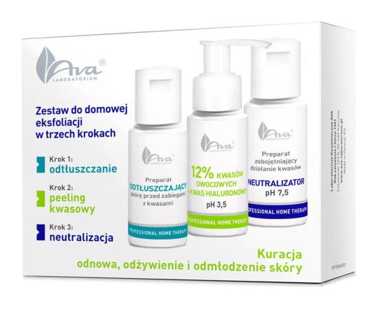 Ava Laboratorium PHT Zestaw do domowej eksfoliacji Preparat odtłuszczający, 50ml+ 12% Kwasów owocowych, 50ml + Neutralizator Smaržas - NESAKĀRTOTS