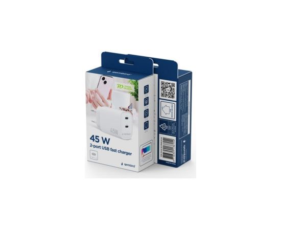 Lādētājs Gembird 2-port 45W USB PD Fast Charger White 2xType-C Telefonu lādētāji 220v