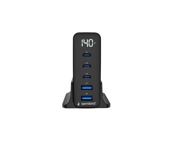 Lādētājs Gembird 5-port 140W GaN USB Fast Charger Black QC 3.0 PD Telefonu lādētāji 220v