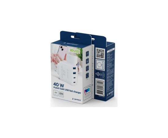 Lādētājs Gembird 4-port 40W USB PD fast charger White 2xType-C 2xType-A QC 3.0 Telefonu lādētāji 220v