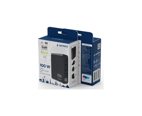 Lādētājs Gembird 4-port 100W GaN USB Fast Charger LCD Black USB PD QC 3.0 Telefonu lādētāji 220v