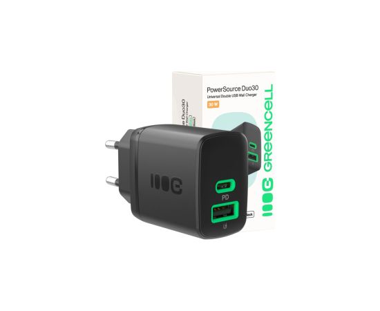 Green Cell Lādētājs Greencell PowerSource Duo30 30W Black Telefonu lādētāji 220v