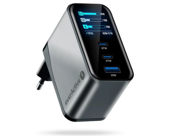 Charger GaN 1 x USB, 2 x USB-C Quick Charge 4+ 67W black Telefonu lādētāji 220v