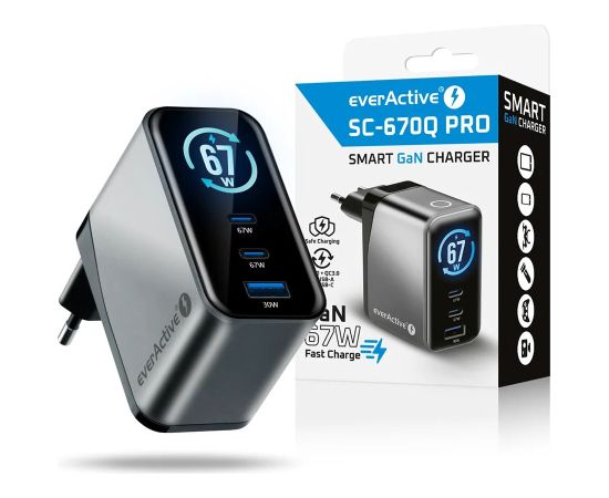 Charger GaN 1 x USB, 2 x USB-C Quick Charge 4+ 67W black Telefonu lādētāji 220v