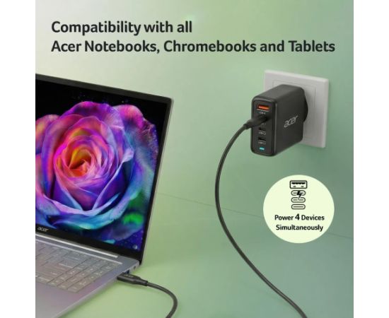 Acer 100W PD GaN Charger, 3 x USB C and 1 x USB A, EU Plug, 100W USB-C cable, Black, Retail Pack Новинки смартфонов и телефонов