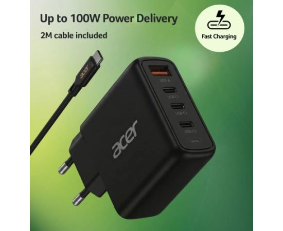 Acer 100W PD GaN Charger, 3 x USB C and 1 x USB A, EU Plug, 100W USB-C cable, Black, Retail Pack Новинки смартфонов и телефонов
