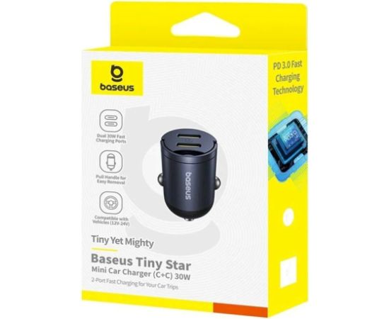 Baseus Tiny Star Mini Car Charger Auto lādētājs USB-C/USB-C 30W / kosmiski melns Telefonu lādētāji 12v Automašīnām