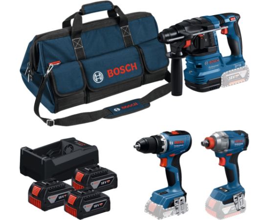 Bosch Powertools 18V professional set hammer drill GBH 18V-22 + drill driver GSR 18V-65 + impact wrench GDX 18V-285 (blue/black, 3x Li-ion battery 5.0 Ah, tool bag) Новинки Для дома и сада 