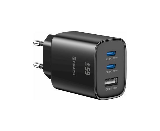 Swissten Edge Tīkla Lādētājs 2x USB-C PD 65W + USB-A QC 18W Melns Telefonu lādētāji 220v