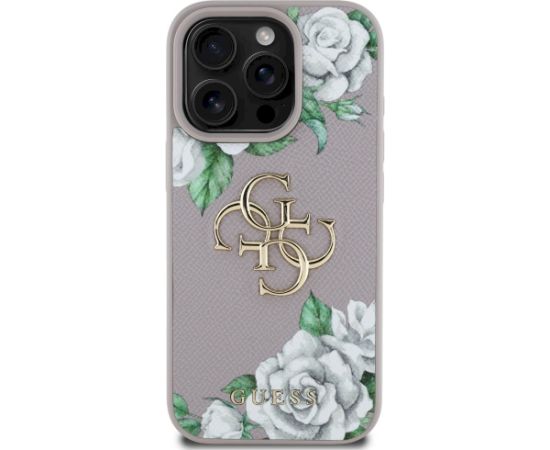 Case Guess Grained Roses Big 4G logo Aizsargapvalks priekš iPhone 16 Pro / violets Neoriģinālie Maciņi