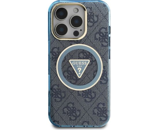 Guess IML Metal Glitter 4G Circle Triangle MagSafe Aizsargapvalks priekš iPhone 16 Pro / zils Neoriģinālie Maciņi