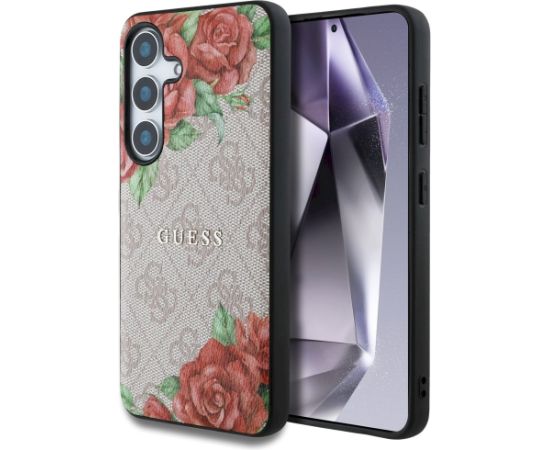 Guess Leather 4G Flowers Print Metal Classic Logo MagSafe Aizsargapvalks priekš Samsung Galaxy S25 / rozā Neoriģinālie Maciņi