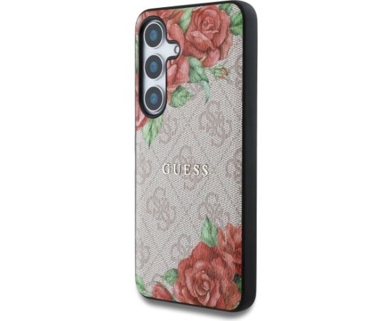 Guess Leather 4G Flowers Print Metal Classic Logo MagSafe Aizsargapvalks priekš Samsung Galaxy S25 / rozā Neoriģinālie Maciņi
