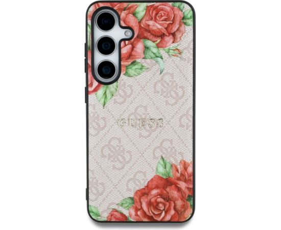 Guess Leather 4G Flowers Print Metal Classic Logo MagSafe Aizsargapvalks priekš Samsung Galaxy S25 / rozā Neoriģinālie Maciņi