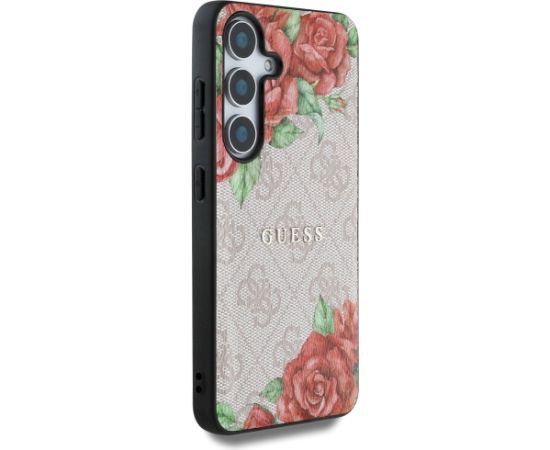 Guess Leather 4G Flowers Print Metal Classic Logo MagSafe Aizsargapvalks priekš Samsung Galaxy S25 / rozā Neoriģinālie Maciņi