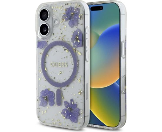 Case Guess Resin Flowers Glitter MagSafe Aizsargapvalks priekš iPhone 16 / violets Neoriģinālie Maciņi