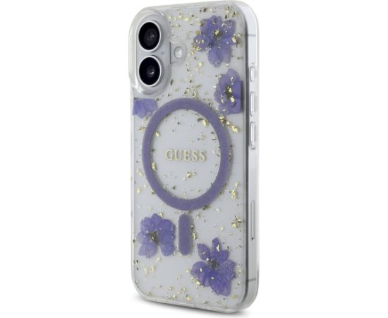 Case Guess Resin Flowers Glitter MagSafe Aizsargapvalks priekš iPhone 16 / violets Neoriģinālie Maciņi
