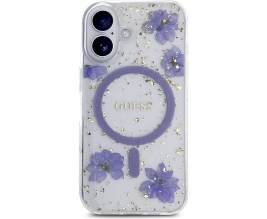 Case Guess Resin Flowers Glitter MagSafe Aizsargapvalks priekš iPhone 16 / violets Neoriģinālie Maciņi