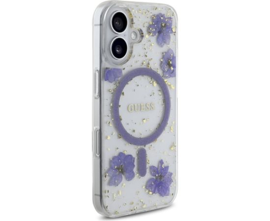 Case Guess Resin Flowers Glitter MagSafe Aizsargapvalks priekš iPhone 16 / violets Neoriģinālie Maciņi