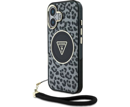 Case Guess HC IML Leopard Triangle Cord Strap Aizsargapvalks priekš iPhone 16 MagSafe / melns Neoriģinālie Maciņi