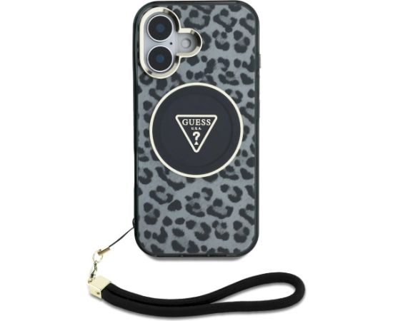 Case Guess HC IML Leopard Triangle Cord Strap Aizsargapvalks priekš iPhone 16 MagSafe / melns Neoriģinālie Maciņi
