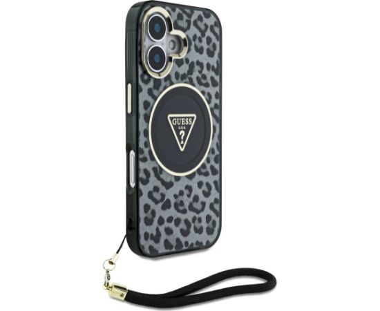 Case Guess HC IML Leopard Triangle Cord Strap Aizsargapvalks priekš iPhone 16 MagSafe / melns Neoriģinālie Maciņi