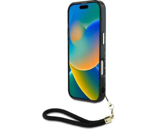 Case Guess HC IML Leopard Triangle Cord Strap Aizsargapvalks priekš iPhone 16 MagSafe / melns Neoriģinālie Maciņi