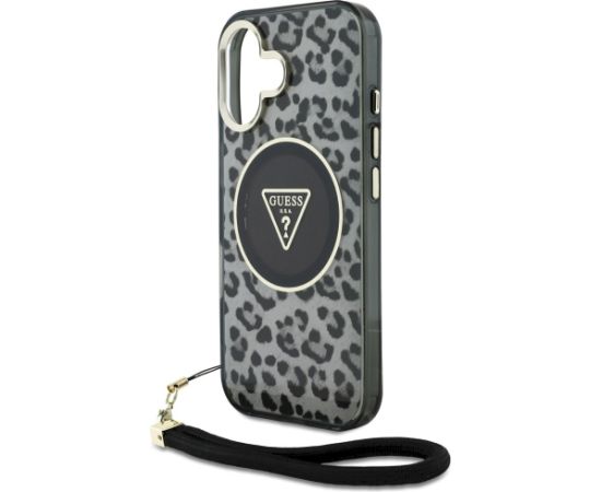 Case Guess HC IML Leopard Triangle Cord Strap Aizsargapvalks priekš iPhone 16 MagSafe / melns Neoriģinālie Maciņi