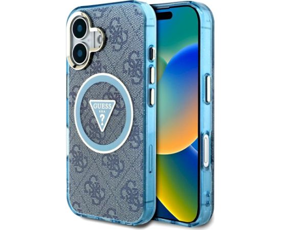 Guess IML Metal Glitter 4G Circle Triangle MagSafe Aizsargapvalks priekš iPhone 16 / zils Neoriģinālie Maciņi