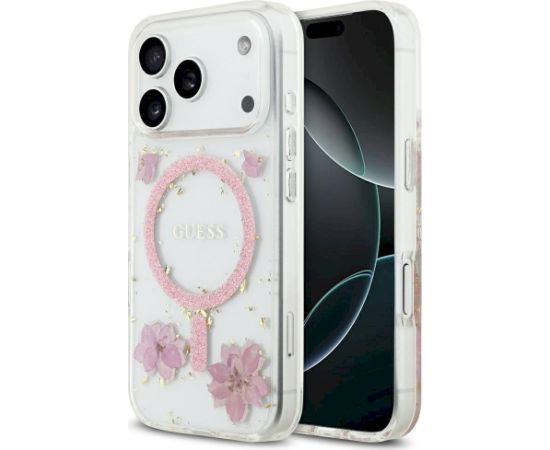 Case Guess Resin Flowers Glitter MagSafe Aizsargapvalks priekš iPhone 17 Pro / rozā Neoriģinālie Maciņi