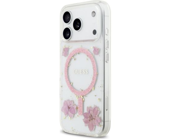 Case Guess Resin Flowers Glitter MagSafe Aizsargapvalks priekš iPhone 17 Pro / rozā Neoriģinālie Maciņi