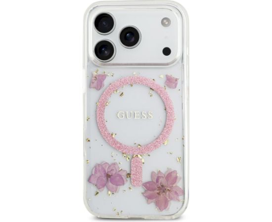 Case Guess Resin Flowers Glitter MagSafe Aizsargapvalks priekš iPhone 17 Pro / rozā Neoriģinālie Maciņi