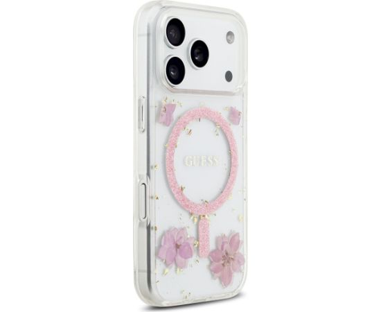 Case Guess Resin Flowers Glitter MagSafe Aizsargapvalks priekš iPhone 17 Pro / rozā Neoriģinālie Maciņi