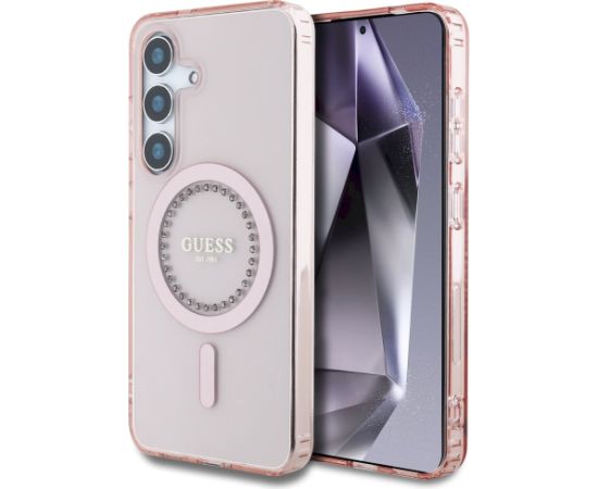 Case Guess Rhinestones Printed Classic Logo MagSafe Aizsargapvalks priekš Samsung Galaxy S25 / rozā Neoriģinālie Maciņi