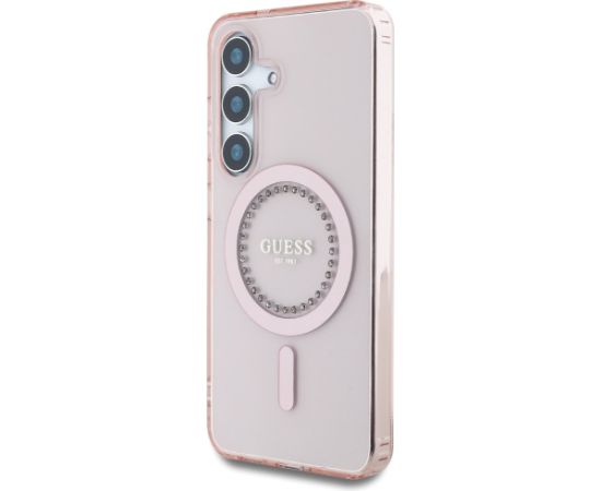 Case Guess Rhinestones Printed Classic Logo MagSafe Aizsargapvalks priekš Samsung Galaxy S25 / rozā Neoriģinālie Maciņi