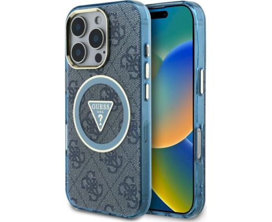 Case Guess IML Metal Glitter 4G Circle Triangle MagSafe Aizsargapvalks priekš iPhone 16 Pro Max / zils Neoriģinālie Maciņi