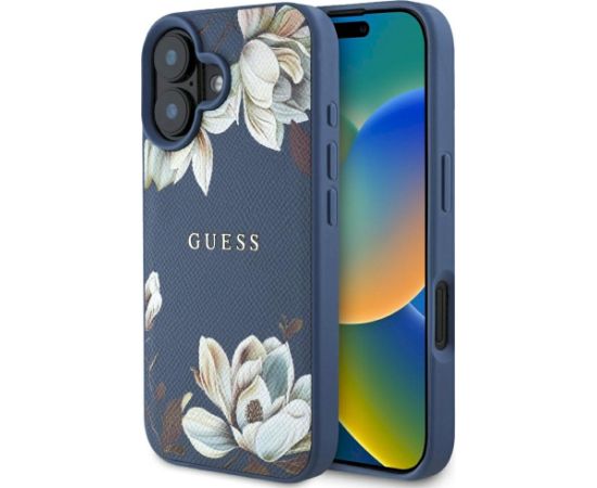 Case Guess Grained Printed Flower Pattern MagSafe Защитный чехол для iPhone 16 / синий Чехлы - альтернативные